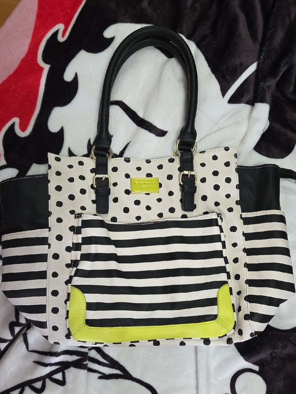 Betsey Johnson Polka Dot & Stripe Tote Bag with Lime Accent